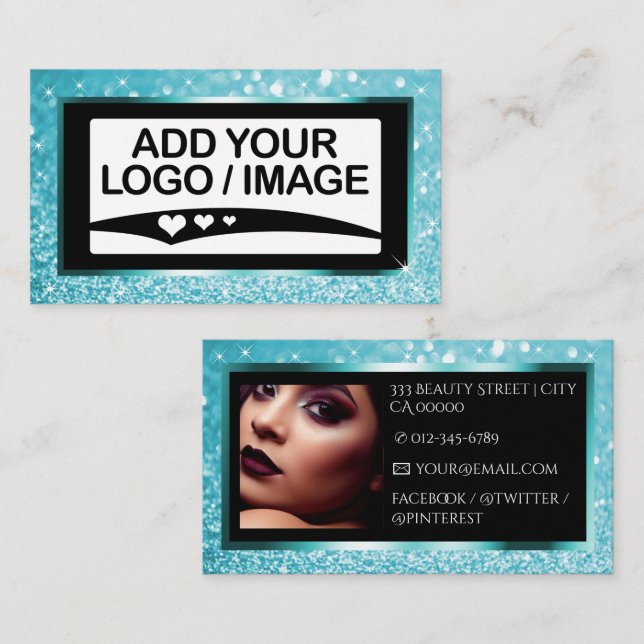 Luxury Teal Sparkling Glitter Frame Logo and Photo Business Card (Front/Back)