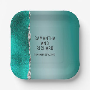 Luxury Teal Turquoise Silver Glitter Paper Plate