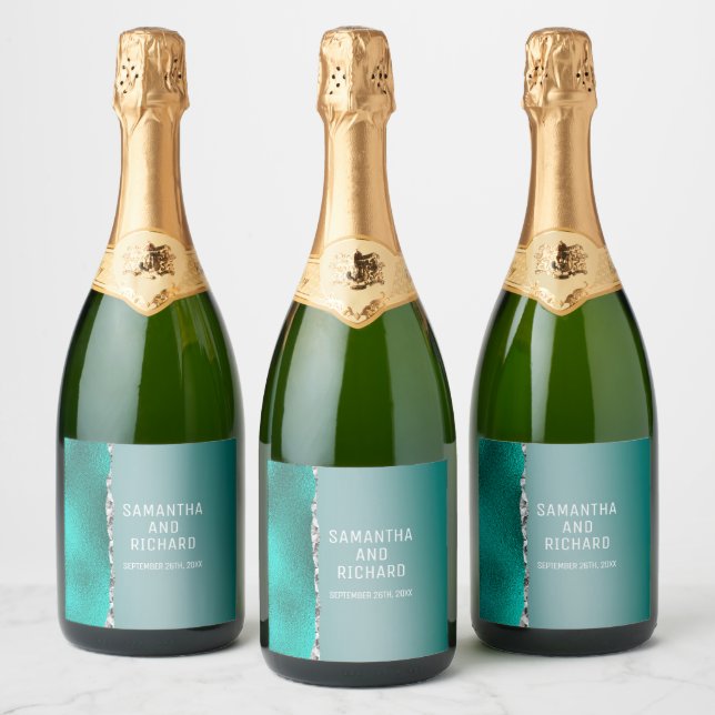 Luxury Teal Turquoise Silver Glitter Sparkling Wine Label (Bottles)
