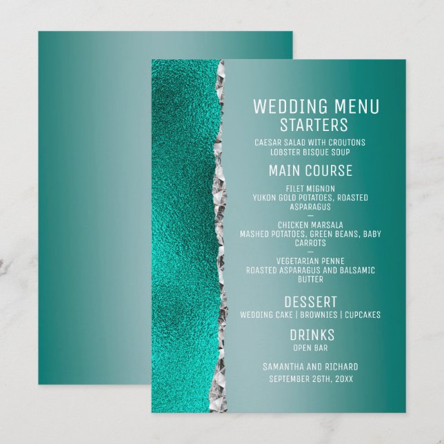 Luxury Teal Turquoise Silver Glitter Wedding Menu (Front/Back)
