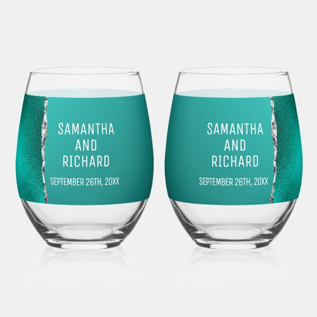 Luxury Teal Turquoise Silver Glitter Wedding Stemless Wine Glass (Front)