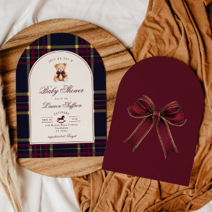 Luxury Teddy Bear Wine Red plaid Arch Baby shower Invitation