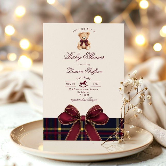 Luxury Teddy Bear Wine Red plaid Baby shower Invitation (Creator Uploaded)