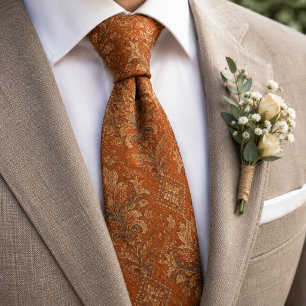 Luxury Terracotta Rust Baroque Damask Floral Tie