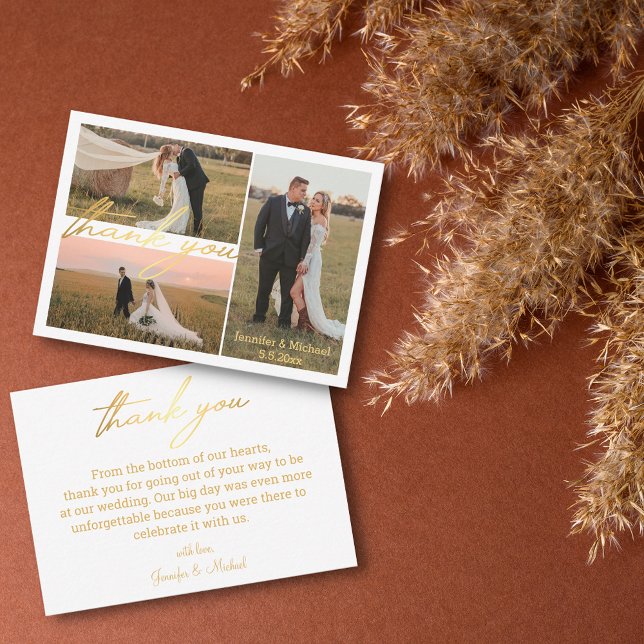 luxury thank you 3 photos wedding collage golden  card (Creator Uploaded)