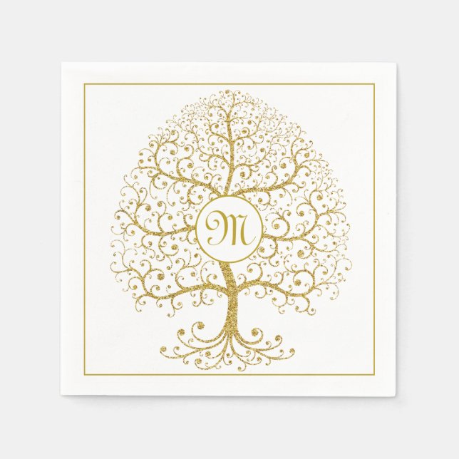 Luxury Tree of Life Gold Monogram Modern Napkin (Front)