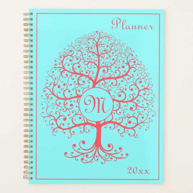 Luxury Tree of Life Monogram Retro Pink Pastel Planner (Front)