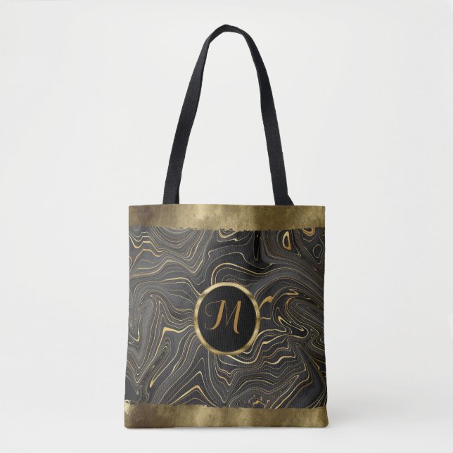 Luxury Trendy Black and Gold Faux Agate  Tote Bag (Front)