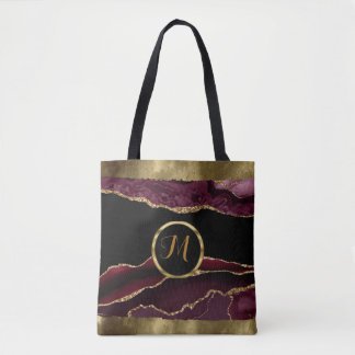 Luxury Trendy Black ,Gold, Burgundy Faux Agate Tote Bag
