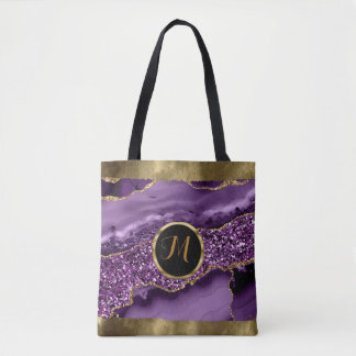 Luxury Trendy Black ,Gold, Purple Faux Agate Tote Bag