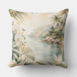 Luxury Tropical Coastal Watercolor Wall Art Cushion