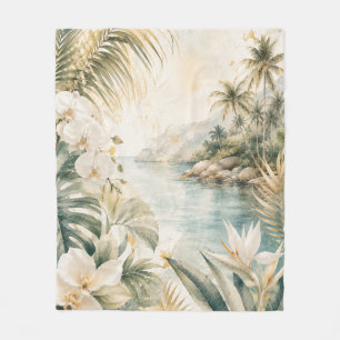 Luxury Tropical Coastal Watercolor Wall Art   Fleece Blanket