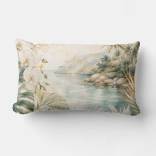 Luxury Tropical Coastal Watercolor Wall Art Lumbar Cushion