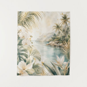 Luxury Tropical Coastal Watercolor Wall Art   Tapestry