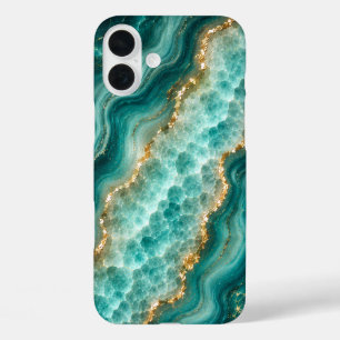 Luxury Turquoise Agate Marble with Gold Veins iPhone 16 Plus Case