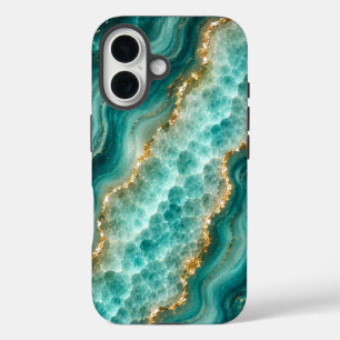 Luxury Turquoise Agate Marble with Gold Veins iPhone 16 Case