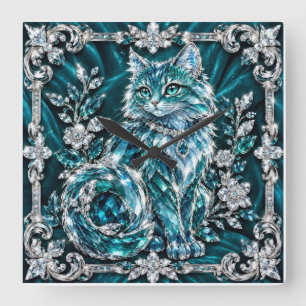 Luxury Turquoise Crystal Cat Silver Frame Square Wall Clock