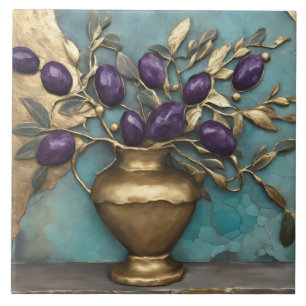 Luxury Turquoise & Gold Botanical Panel and vase Ceramic Tile