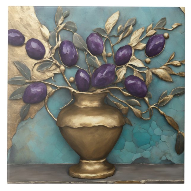 Luxury Turquoise & Gold Botanical Panel and vase Ceramic Tile (Front)