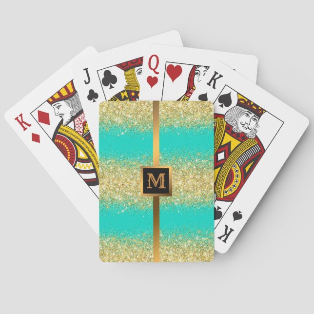 Luxury Turquoise Gold Glitter Playing Cards (Back)
