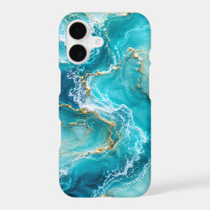 Luxury Turquoise Ocean Marble with Gold Foil Waves