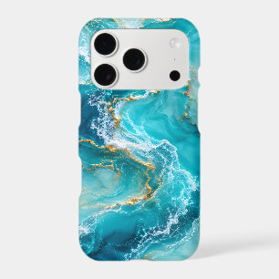 Luxury Turquoise Ocean Marble with Gold Foil Waves
