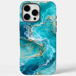 Luxury Turquoise Ocean Marble with Gold Foil Waves iPhone 16 Pro Max Case