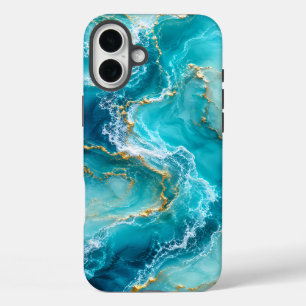 Luxury Turquoise Ocean Marble with Gold Foil Waves iPhone 16 Plus Case