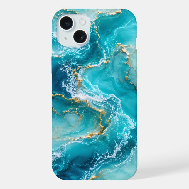 Luxury Turquoise Ocean Marble with Gold Foil Waves iPhone Case (Back)