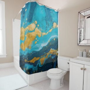 Luxury Turquoise Teal Blue and Gold Fluid Marble Shower Curtain