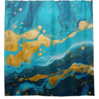 Luxury Turquoise Teal Blue and Gold Fluid Marble Shower Curtain