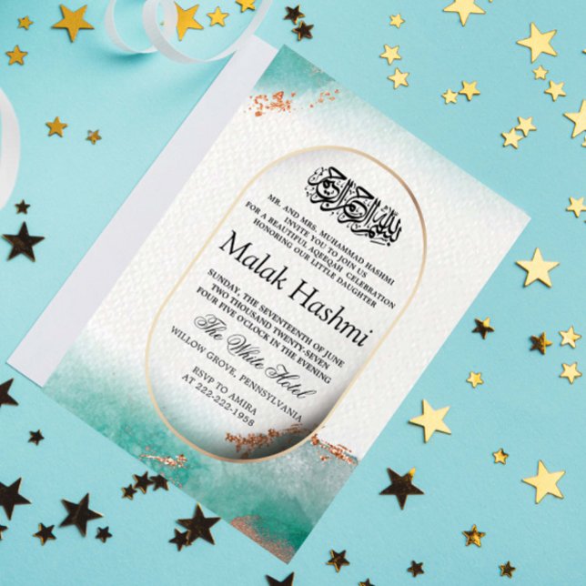 Luxury Turquoise Watercolor Islamic Aqiqa Aqeeqah Invitation (Creator Uploaded)