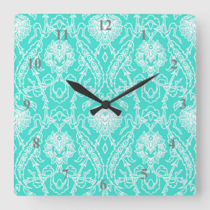 Luxury Turquoise & White Damask Decorative Pattern Square Wall Clock