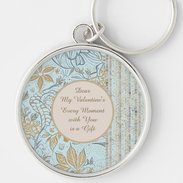 Luxury, Valentine's Day,Gold Soft Blue Flowers Art Key Ring (Front)