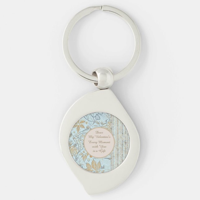 Luxury, Valentine's Day,Gold Soft Blue Flowers Art Key Ring (Front)