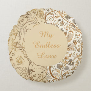 Luxury,Valentine's Day,Lovely Gold Flowers Pattern Round Cushion