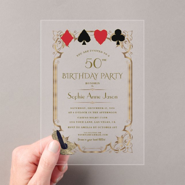 Luxury Vegas Gold Art Deco Casino Poker Birthday Acrylic Invitations (Insitu (Handheld))