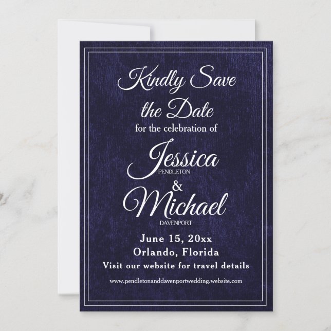 Luxury Velvet Navy Blue Monogram Wedding Save The Date (Front)