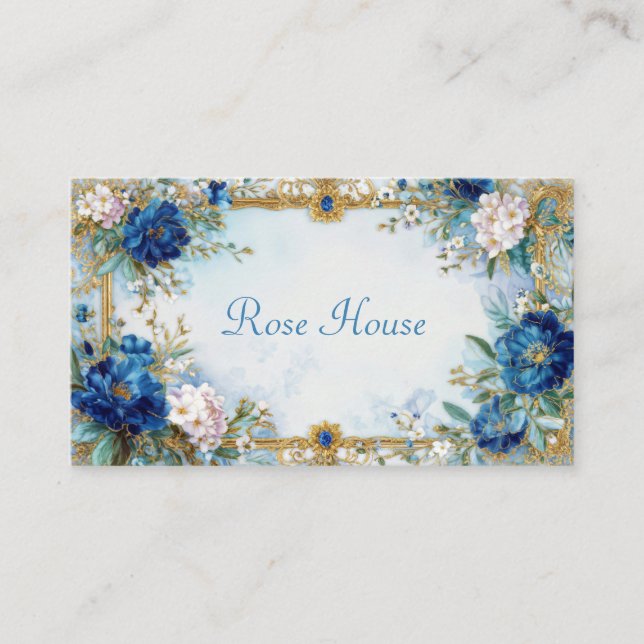 Luxury Victorian Blue Floral Ornate Gold Frame Business Card (Front)