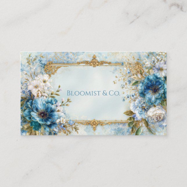 Luxury Victorian Ornate Gold Frame Blue Floral Business Card (Front)