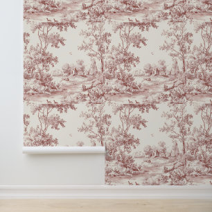 Luxury Vintage Blush Pink Ivory Toile Jouy French Wallpaper