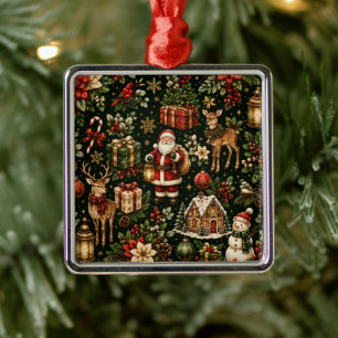 Luxury Vintage Christmas Holiday Pattern Premium Metal Ornament