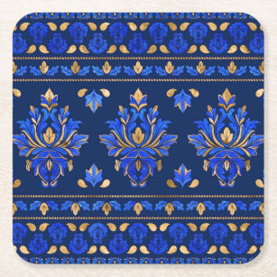 Luxury Vintage Damask Ornament - Blue and gold Square Paper Coaster