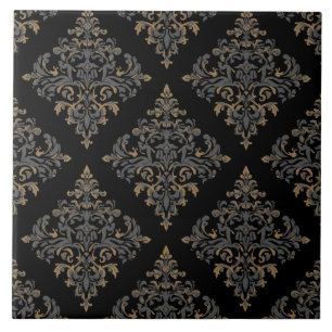 Luxury Vintage Damask Royal Black Floral Gold Ceramic Tile