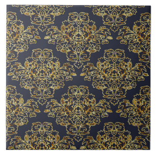 Luxury, vintage, elegant, navy blue, gold, floral ceramic tile