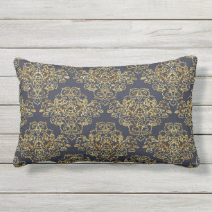 Luxury, vintage, elegant, navy blue, gold, floral lumbar cushion
