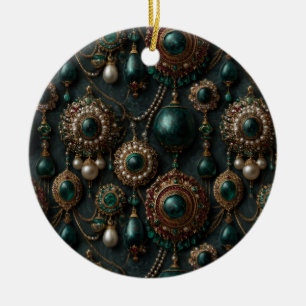 Luxury Vintage Emerald and Pearl Jewellery Pattern Ceramic Ornament