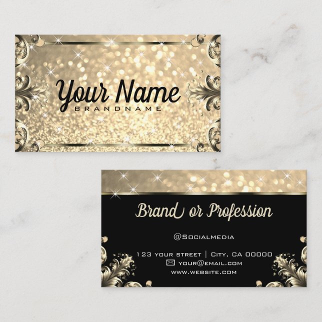 Luxury Vintage Flourish Glitter Luminous Stars Business Card (Front/Back)