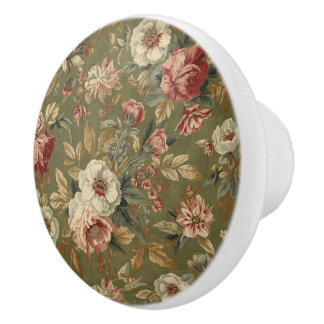 Luxury Vintage Flowers Leaves Olive Green British Ceramic Knob