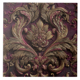 Luxury Vintage French Baroque Burgundy Gold Floral Ceramic Tile